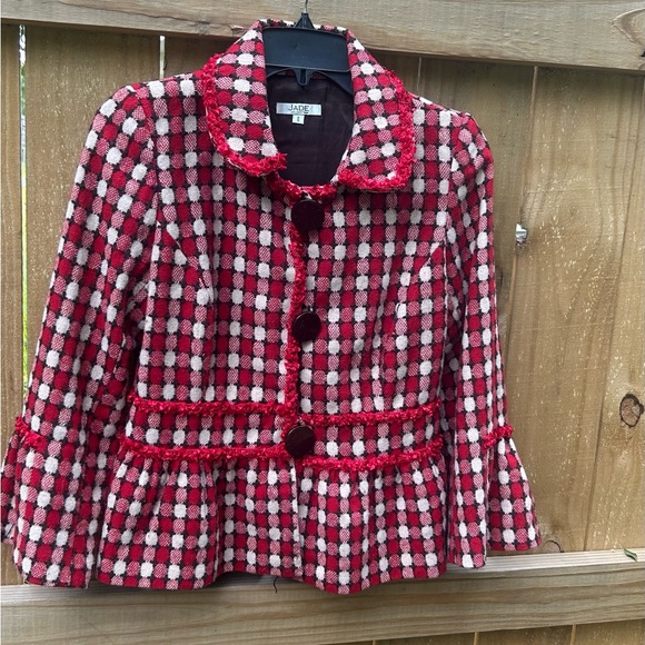 Jade Red and Cream Ruffle Checkered Jacket size 6 Retro - Picture 4 of 11